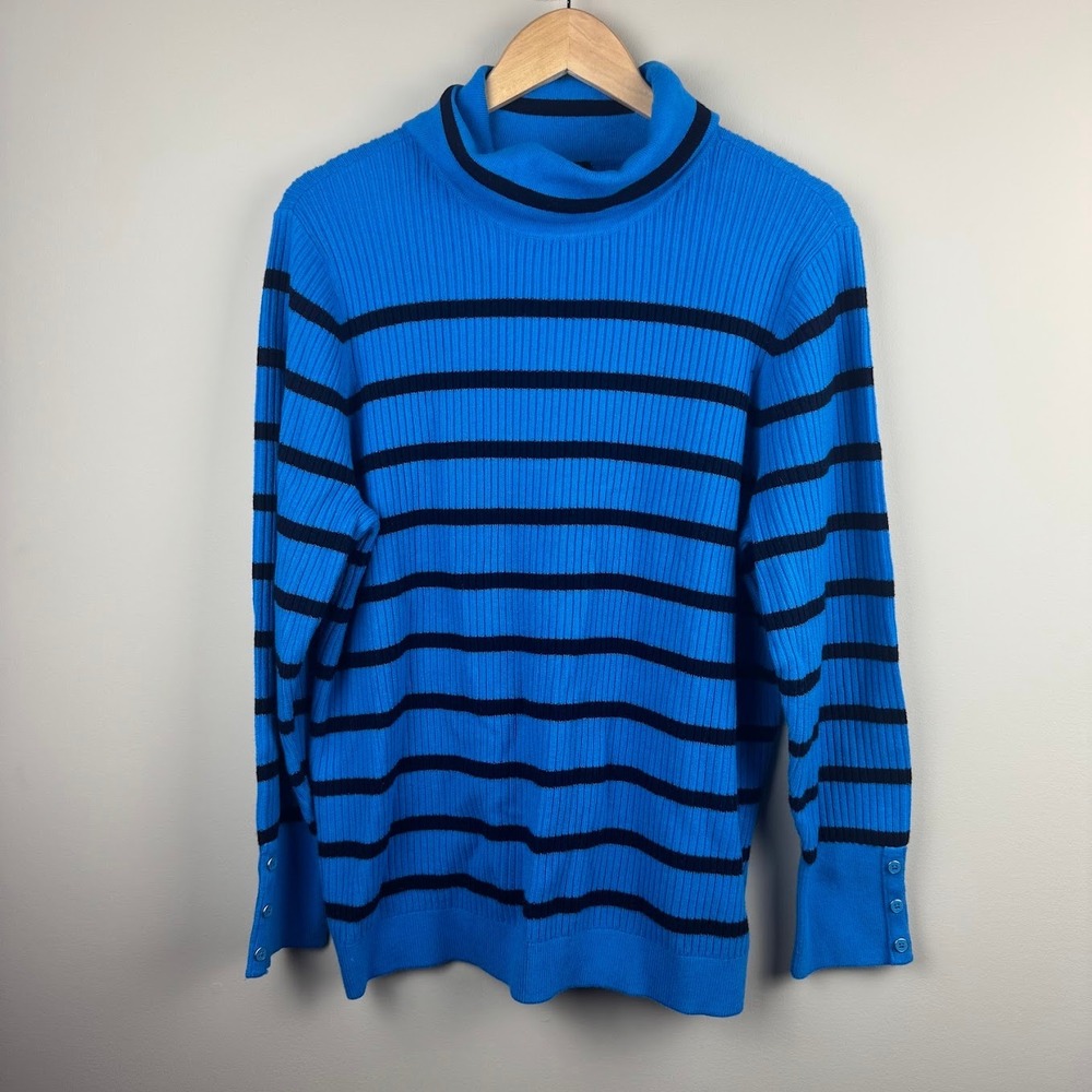Talbots Plus Blue Black Stripe Ribbed Turtleneck Sweater Button Cuff 2X NWT